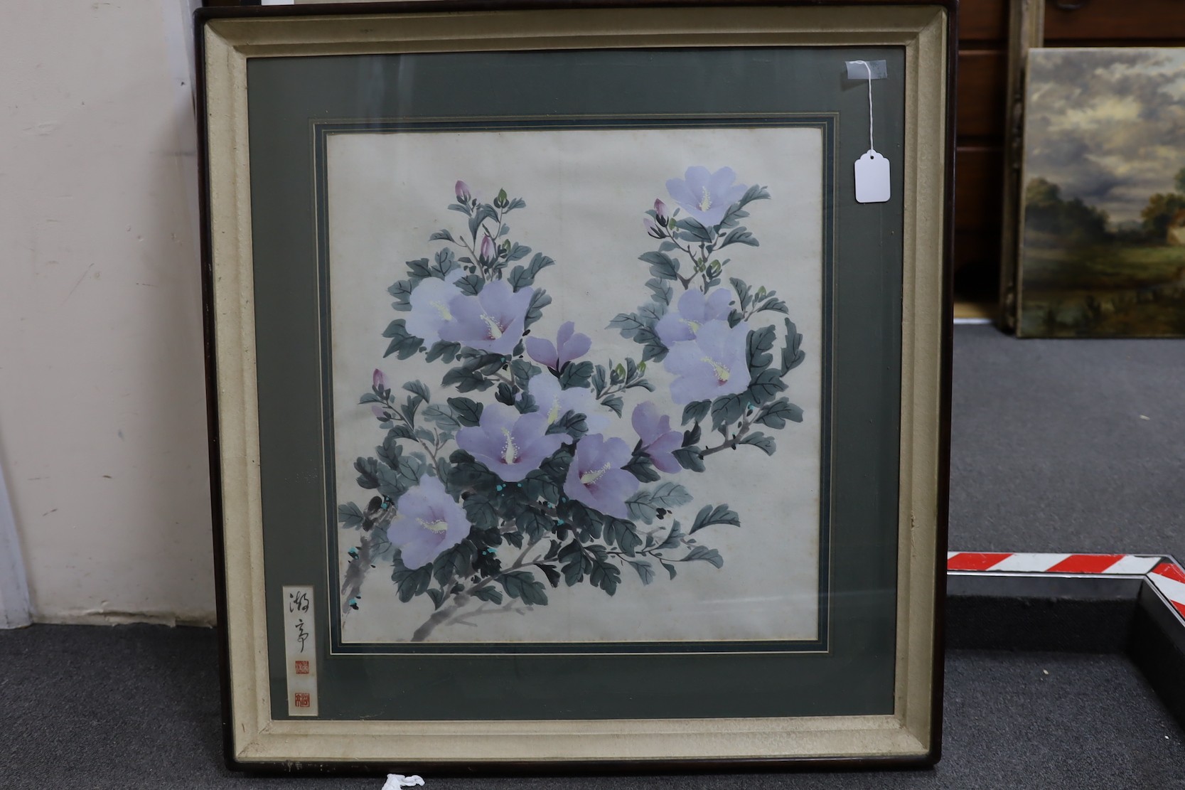 After Qi Baishi, woodblock print, Flowers and a Chinese painting of blue hibiscus, signed, 56 x 54cm and 89 x 47cm